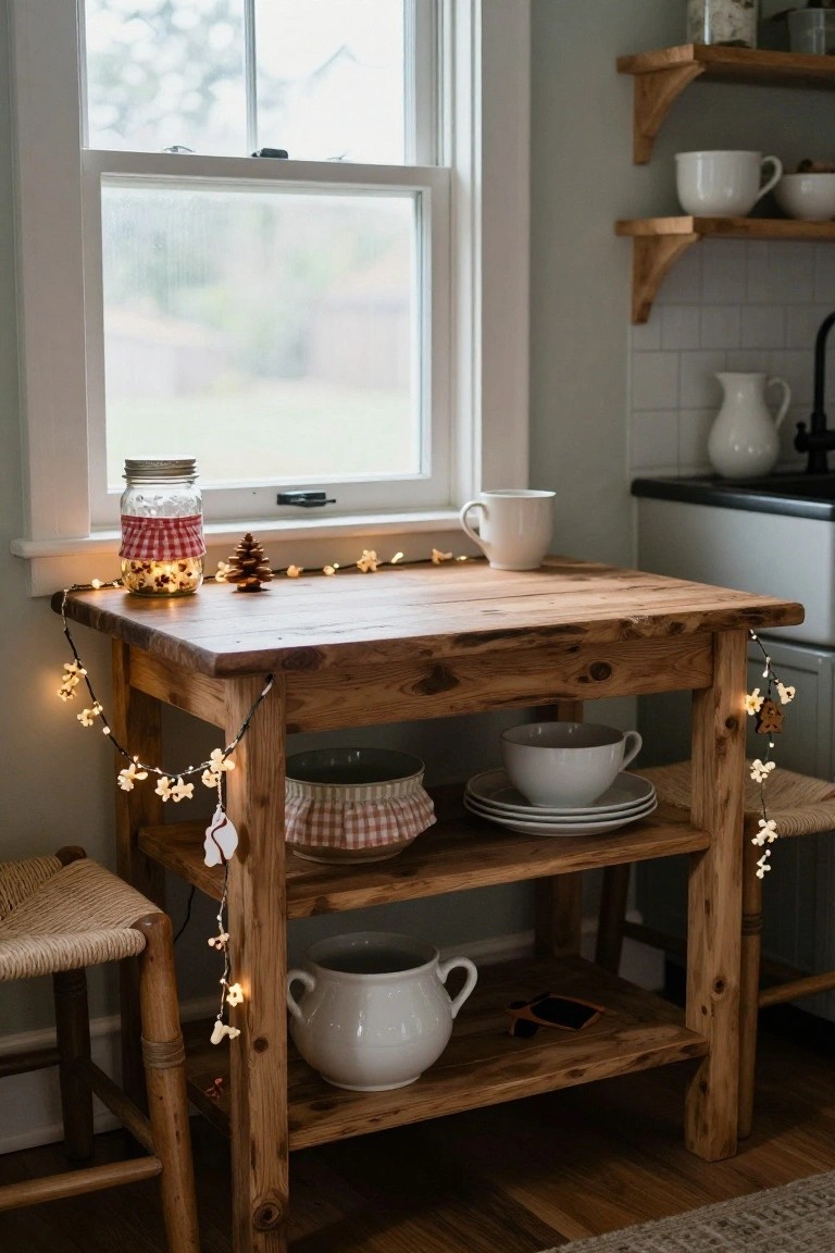 Rustic wooden shelf table in a kitchen corner with fairy lights, pinecone, checkered jar, white dishes and pitchers on shelves, rattan stools, and window nearby.