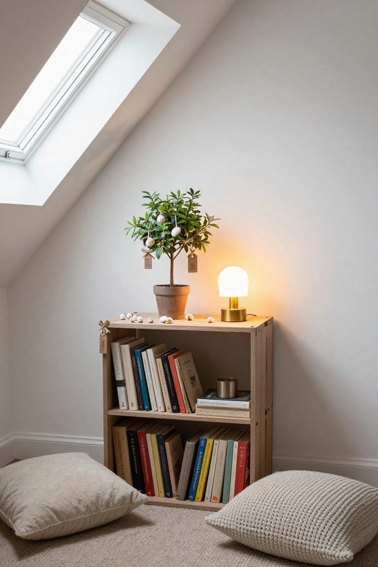 A small potted tree decorated with white hanging ornaments and tags sits next to a wooden bookshelf stocked with books, beside a lit gold lamp and two beige floor cushions in a beige room with a skylight.