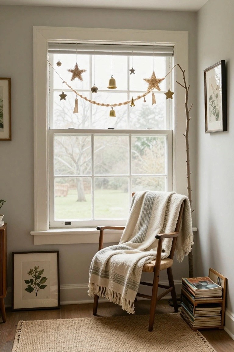 Light gray room corner with a wooden armchair draped in a gray plaid blanket, large window hung with natural twine garlands of straw stars, bells, and tags, a tall branch, framed botanical art, potted plant, and stack of magazines on a wooden rack.