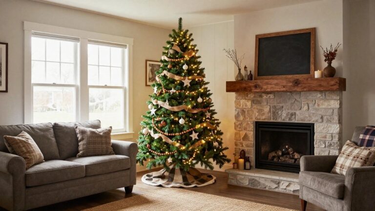 Lit Christmas tree decorated with tan ribbons, bead garlands, and neutral ornaments in a living room corner beside a stone fireplace, with a gray sofa, plaid pillows, and cow print tree skirt on hardwood floor.