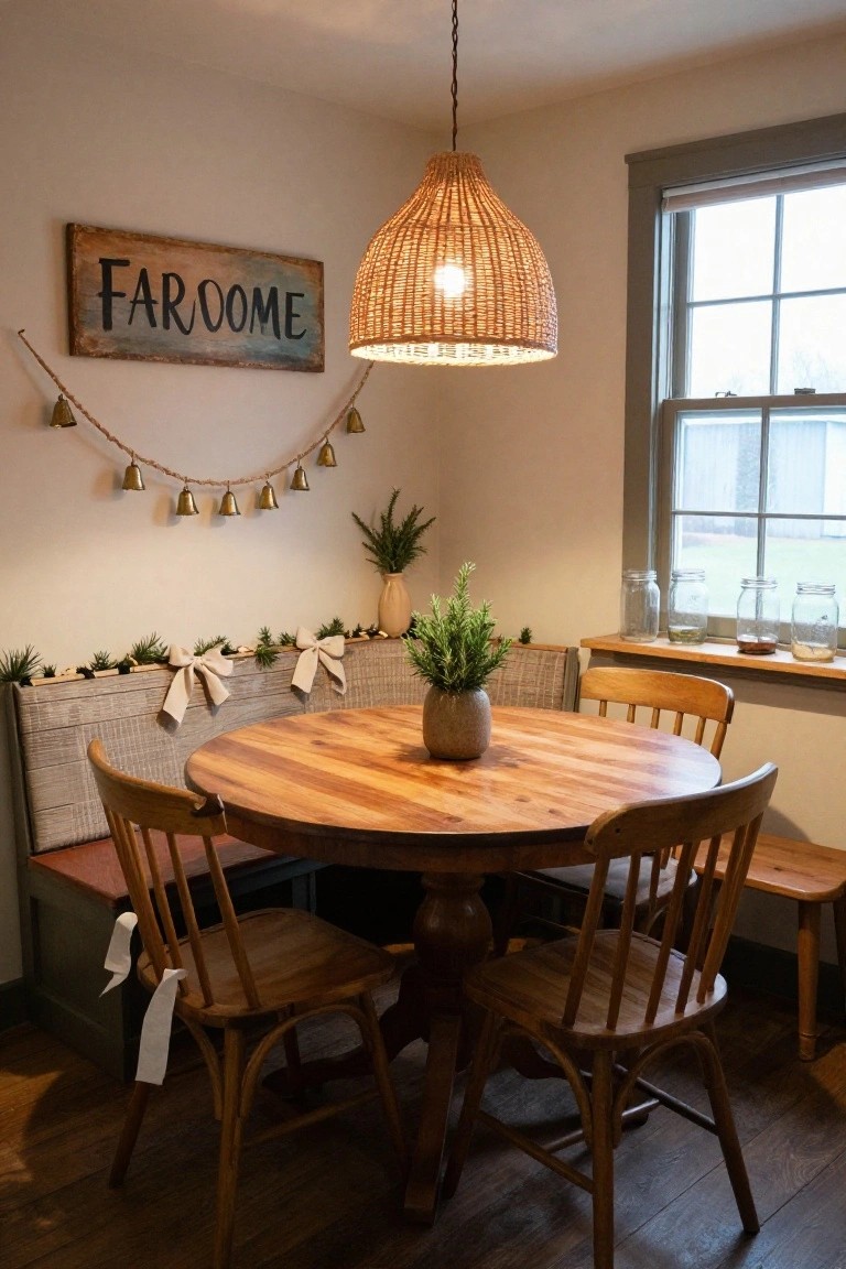 Farmhouse kitchen nook with built-in beige bench wrapped in pine garland and white ribbons, round wooden pedestal table, wooden chairs, potted rosemary plant on table, mason jars on windowsill, and rattan pendant light overhead.