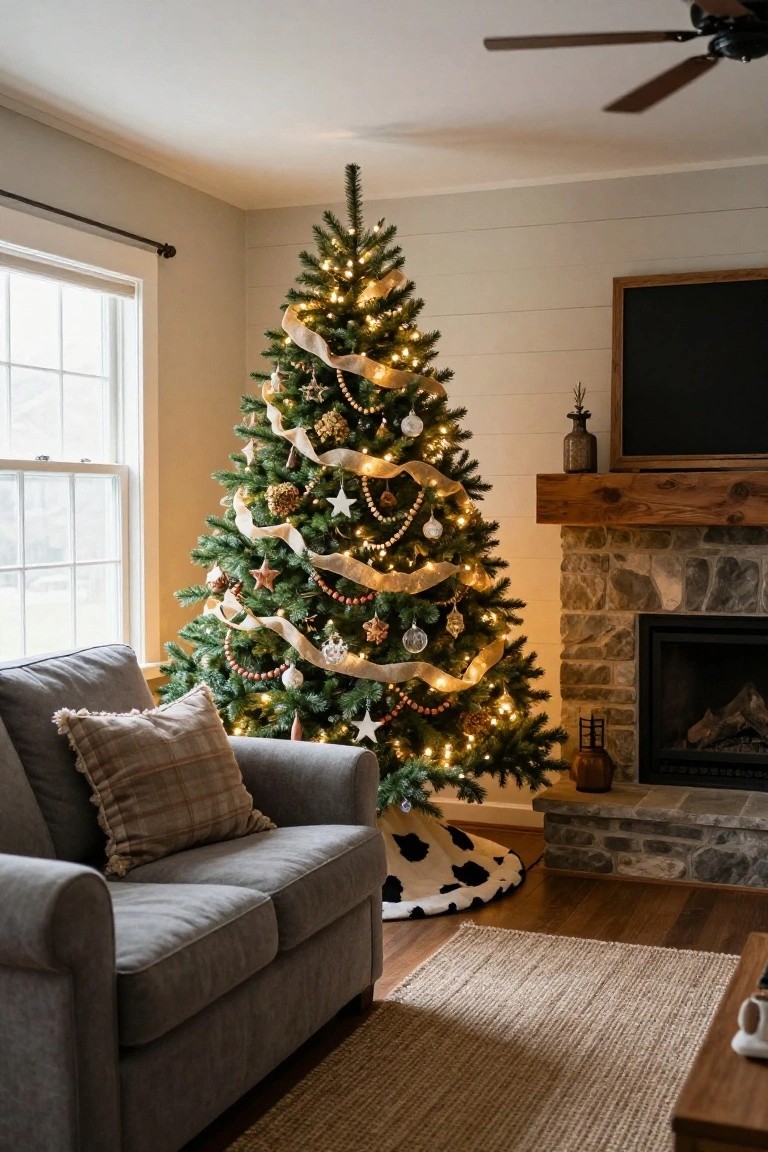 Lit Christmas tree decorated with tan ribbons, bead garlands, and neutral ornaments in a living room corner beside a stone fireplace, with a gray sofa, plaid pillows, and cow print tree skirt on hardwood floor.