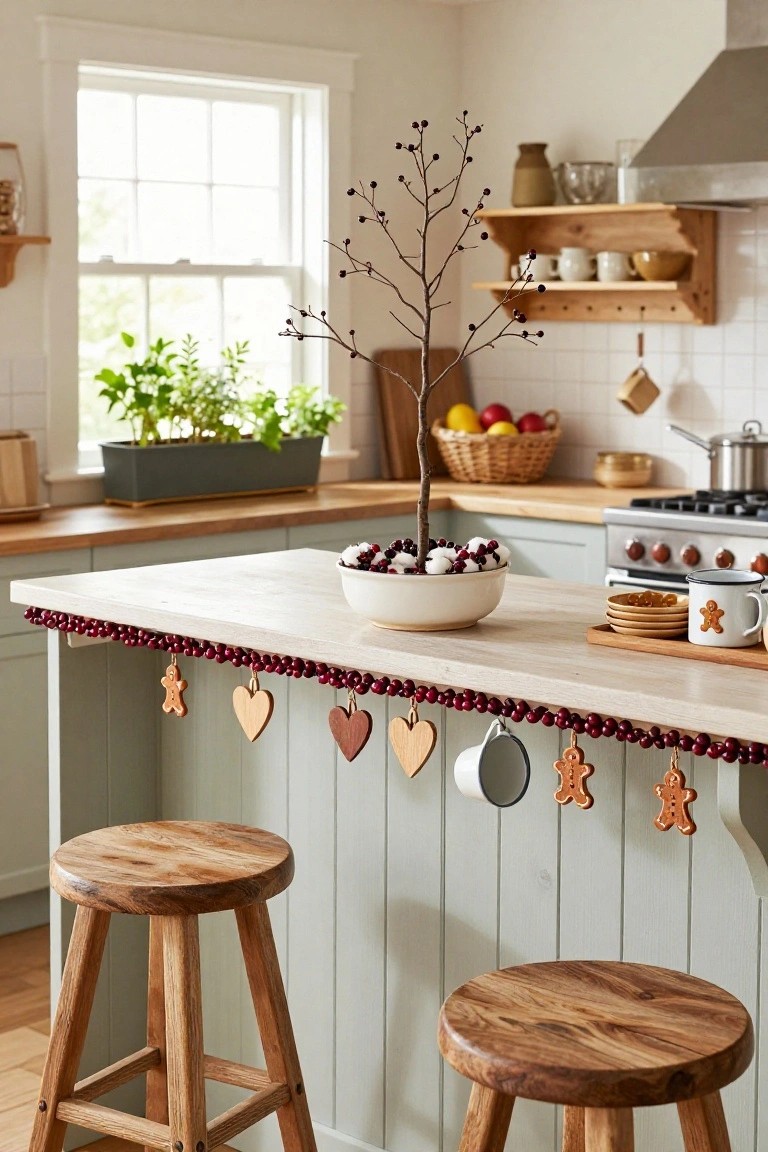 A farmhouse kitchen island topped with a bare branch tree in a white bowl filled with red berries and white cotton balls, edged with berry garland and hanging gingerbread and heart ornaments, flanked by wooden stools.