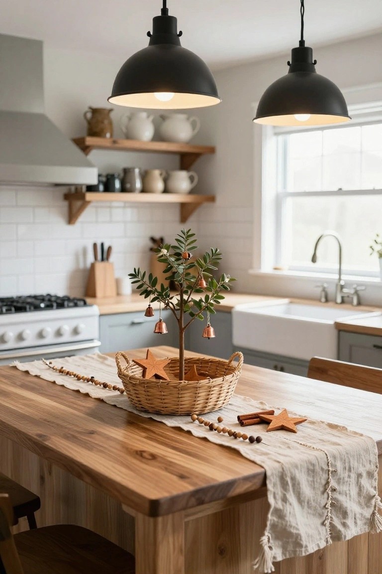 Small artificial Christmas tree with green leaves, orange bells, and wooden star ornaments in a woven basket on wooden kitchen island next to beige runner, cinnamon sticks, beads, and star, with farmhouse kitchen background including white subway tile, gray cabinets, and black pendant lights.