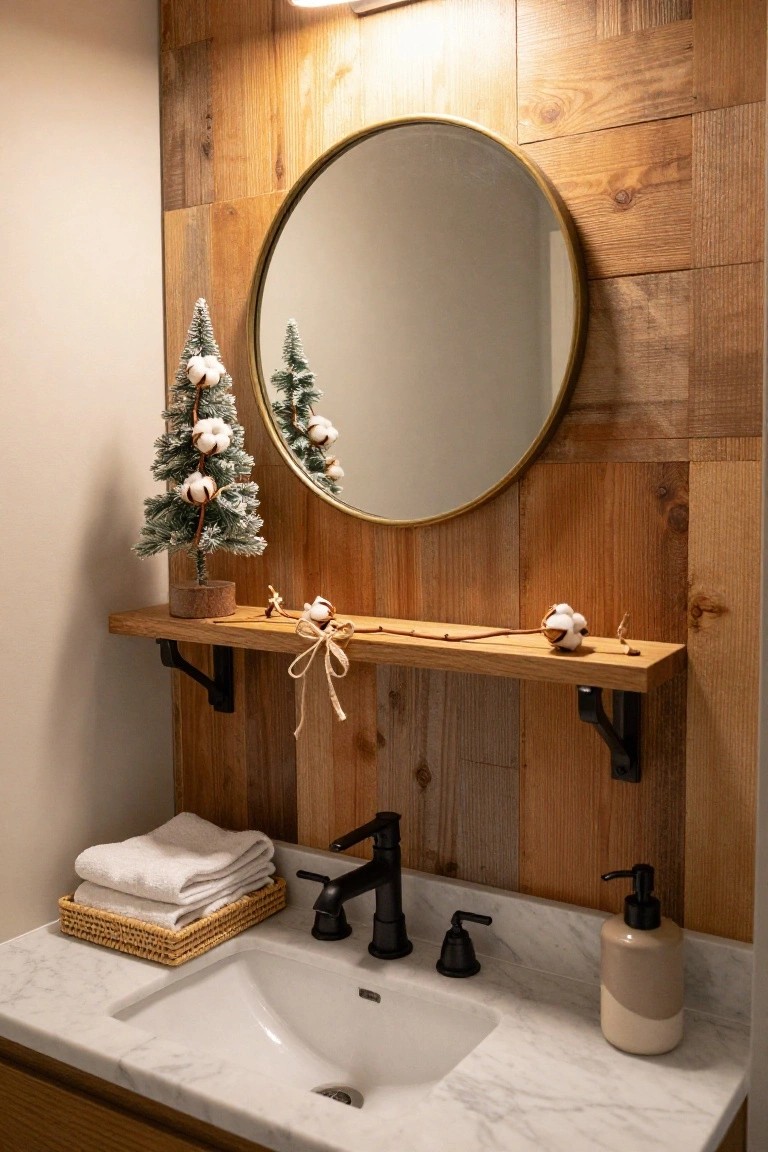 Closeup of a powder room vanity area featuring a white marble sink with black faucet, gold round mirror on shiplap wood wall, wooden shelf with two mini flocked Christmas trees decorated with white cotton bolls and ribbon, stacked white towels in a woven basket, and a beige soap dispenser.