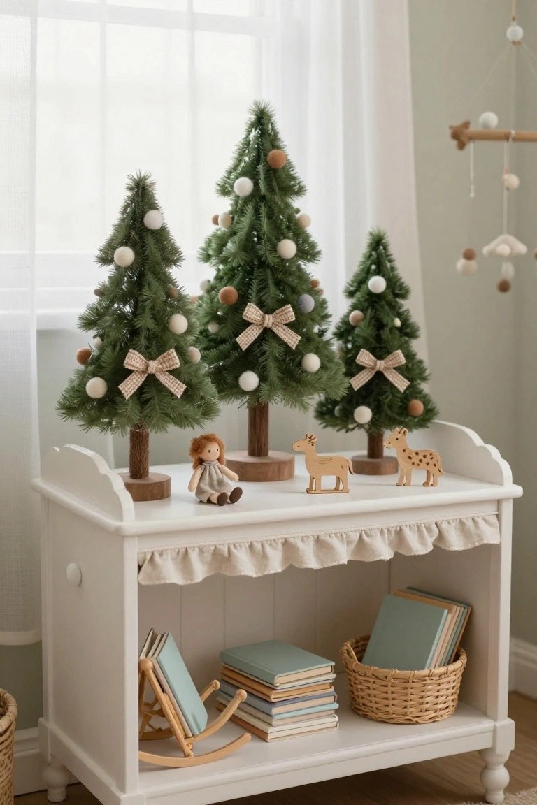 A white scalloped wooden bookshelf in a nursery displays four small artificial flocked Christmas trees decorated with beige and white felt balls and burlap ribbons, next to wooden animal figures, a fabric doll, stacked books, and a woven basket holding more books.