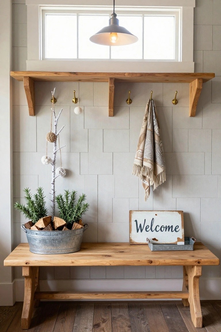 Small white twig tree decorated with white pom-poms and knotted ornaments stands beside a wooden bench in a shiplap-walled entryway with coat hooks, galvanized bucket of rosemary and firewood, and a Welcome sign.