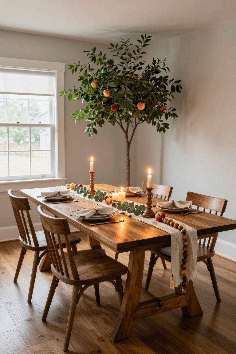 Dining room corner with a potted tree bearing oranges next to a window, beside a wooden table set with candles, eucalyptus garland, wooden beads, and place settings on neutral toned plates.