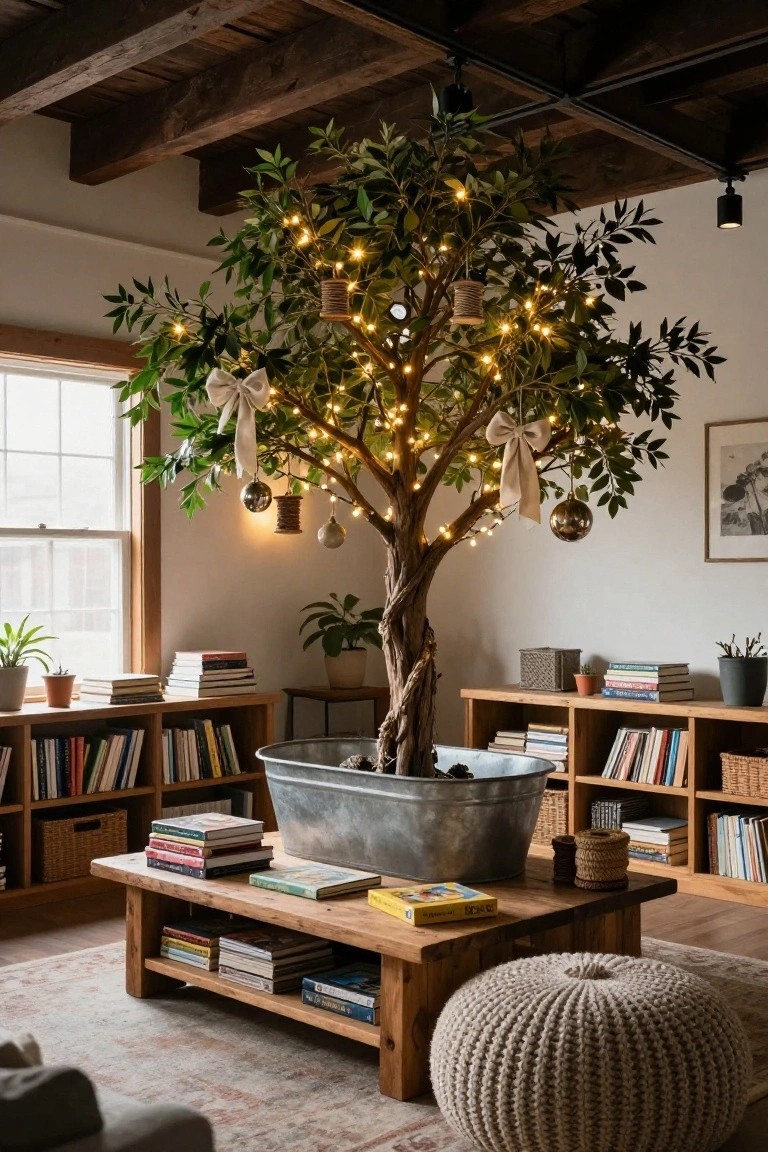 Cozy interior room with wooden beams and bookshelves around a tall faux olive tree decorated with string lights and ornaments planted in a large galvanized metal tub next to a wooden coffee table and pouf ottoman.