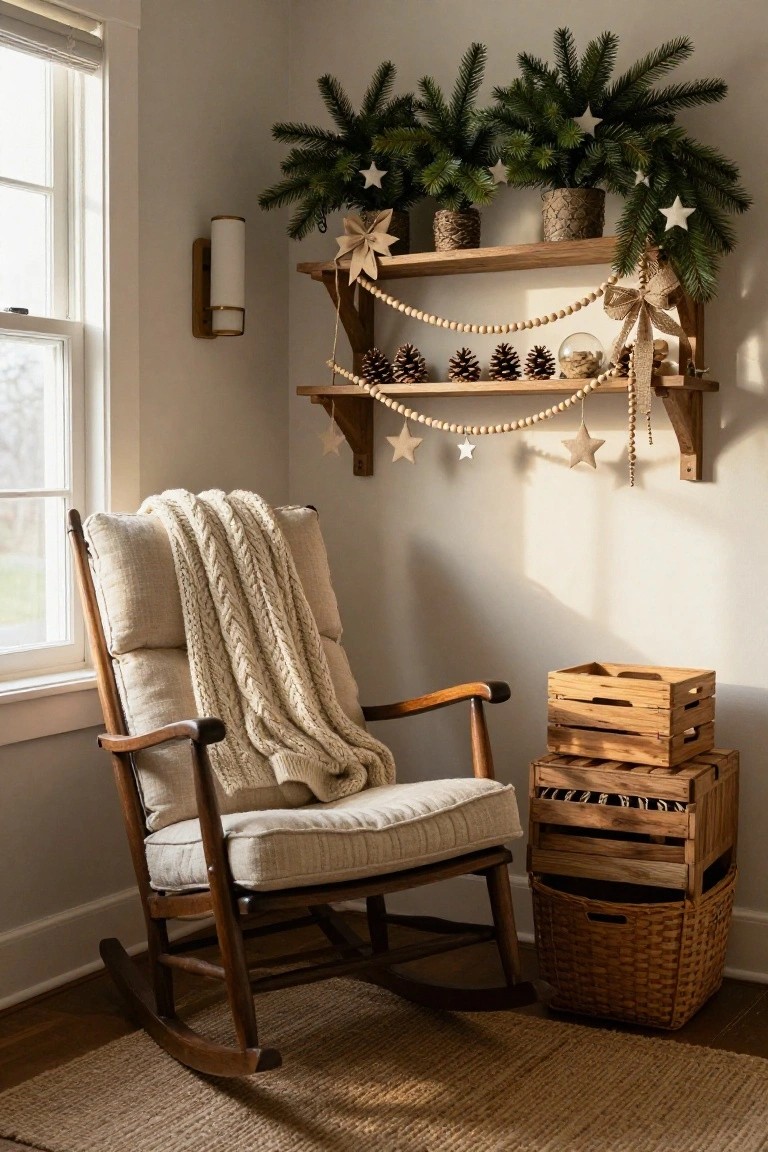 Wooden rocking chair with cream cushions and knit blanket in a light gray corner room, next to stacked wooden crates and a wicker basket on a seagrass rug, with wooden shelf above holding evergreen garlands, pinecones, wooden beads, stars, and ribbons beside a window.