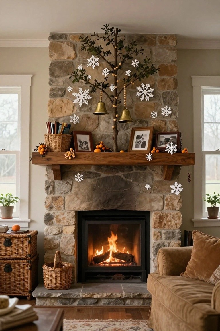Stone fireplace with burning fire in a living room, featuring a branch tree on the wall decorated with white snowflake ornaments, string lights, and gold bells, wooden mantel with oranges, framed photos, and wicker baskets nearby, plus a beige sofa and plants.