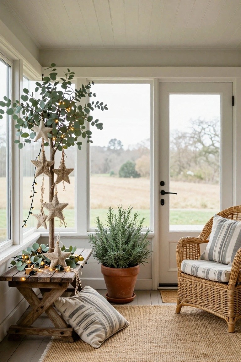 Sunroom interior with tall potted eucalyptus tree decorated with burlap star ornaments and fairy lights, rustic wooden table with garland and stars, potted rosemary plant, wicker chair with striped cushions, seagrass rug, large windows showing fields outside.