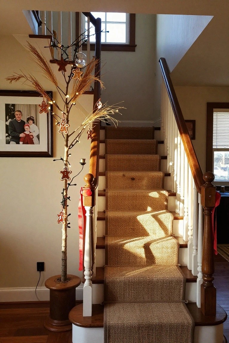 A tall twig tree decorated with gingerbread ornaments, string lights, and wheat stalks stands in a wooden base beside carpeted wooden stairs in a light-filled entryway with a family photo on the wall.