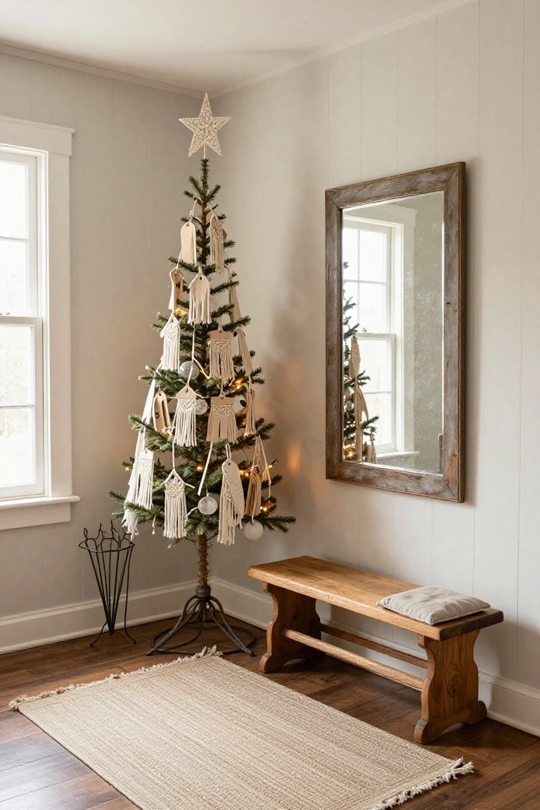 A slim evergreen Christmas tree decorated with white macrame tassels, wooden tags, beads, and warm string lights stands in a pale gray corner room next to a large rustic wood-framed mirror, wooden bench with cushion, black metal fire poker stand, and beige jute rug.