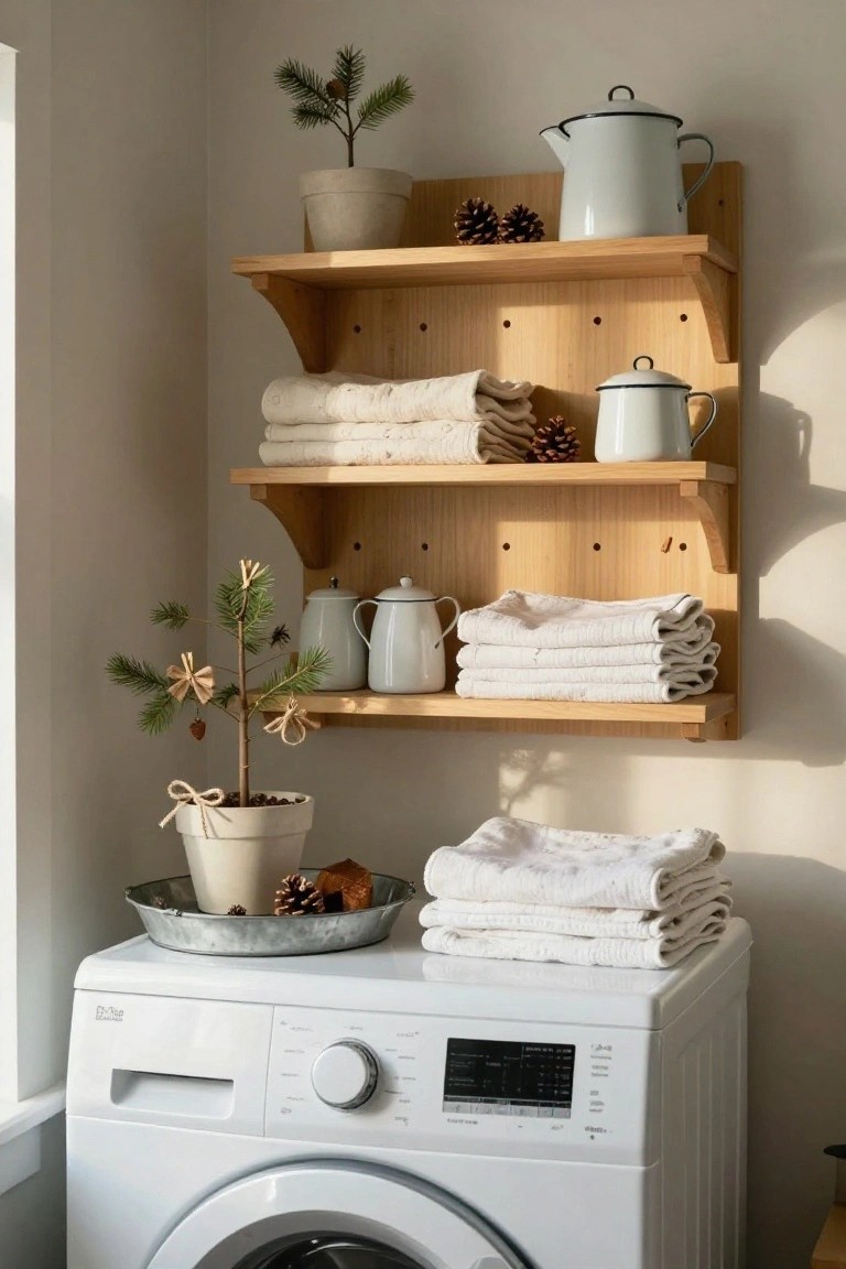 White front-loading washing machine in a light corner laundry room with oak open shelves displaying folded white towels, white enamelware pitchers and teapots, pinecones, and two small potted pine trees decorated with ribbons.