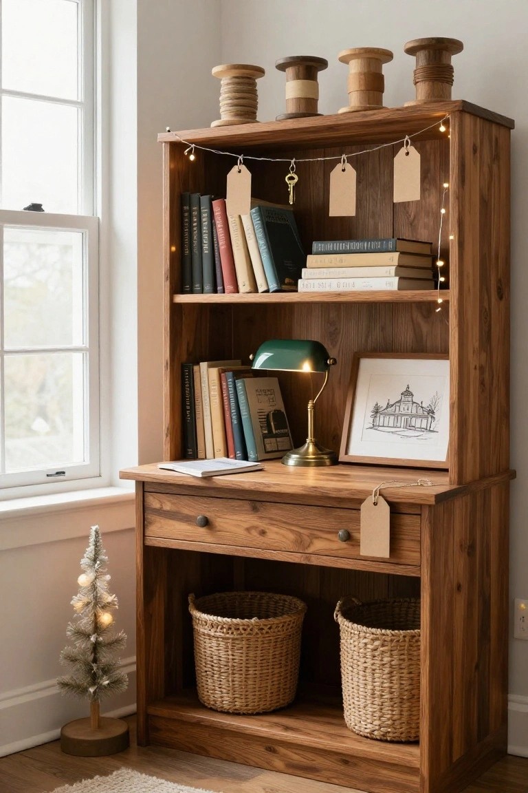 Wooden bookcase with books on shelves, wooden spools and string lights on top, lit green desk lamp and framed drawing on middle shelf, small white flocked Christmas tree with lights beside it, and two woven baskets in the open base.