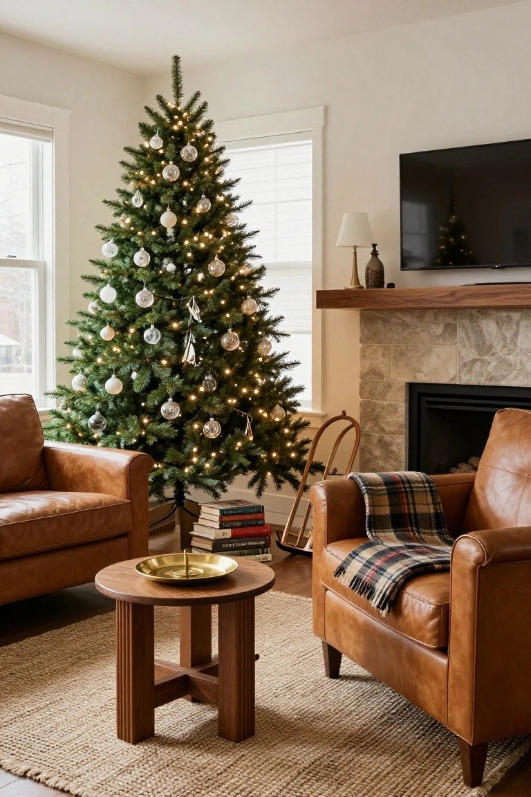 Living room with tall lit Christmas tree decorated in clear glass ornaments next to stone fireplace, two tan leather armchairs with plaid blankets, wooden coffee table, books, and neutral walls.