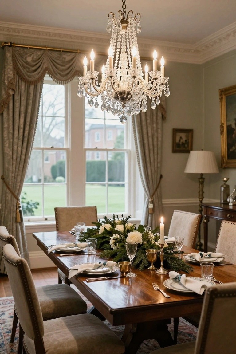 Formal dining room with wooden table set for Christmas, featuring evergreen and white flower centerpiece with candles, under a lit crystal chandelier, large curtained windows showing garden view, sage green walls.