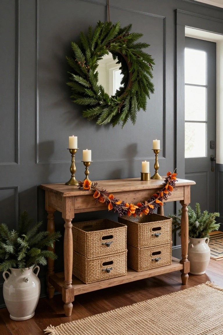 Dark gray paneled entryway with wooden console table topped by orange garland and brass candlesticks holding white candles, wicker baskets below, large white urns with greenery on sides, evergreen wreath around round mirror above, front door visible.