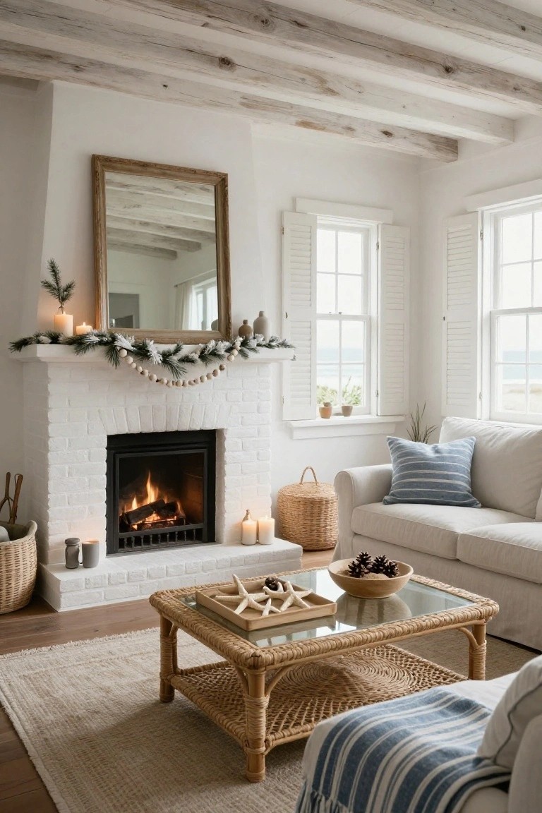 White brick fireplace with burning fire, mantel decorated with snow-flocked evergreen garland, white beaded strings, pine sprigs, and white candles, in a light coastal living room with cream sofa, rattan coffee table, and ocean view windows.