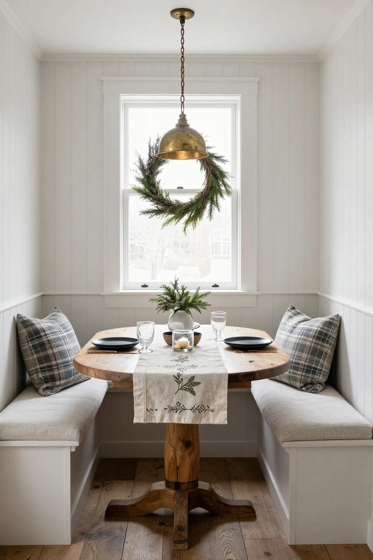 White shiplap-walled corner booth with gray upholstered benches and plaid pillows surrounding a round wood pedestal table set with black plates, glasses, and a linen runner, under a brass pendant light with a fir wreath, next to a window with greenery.