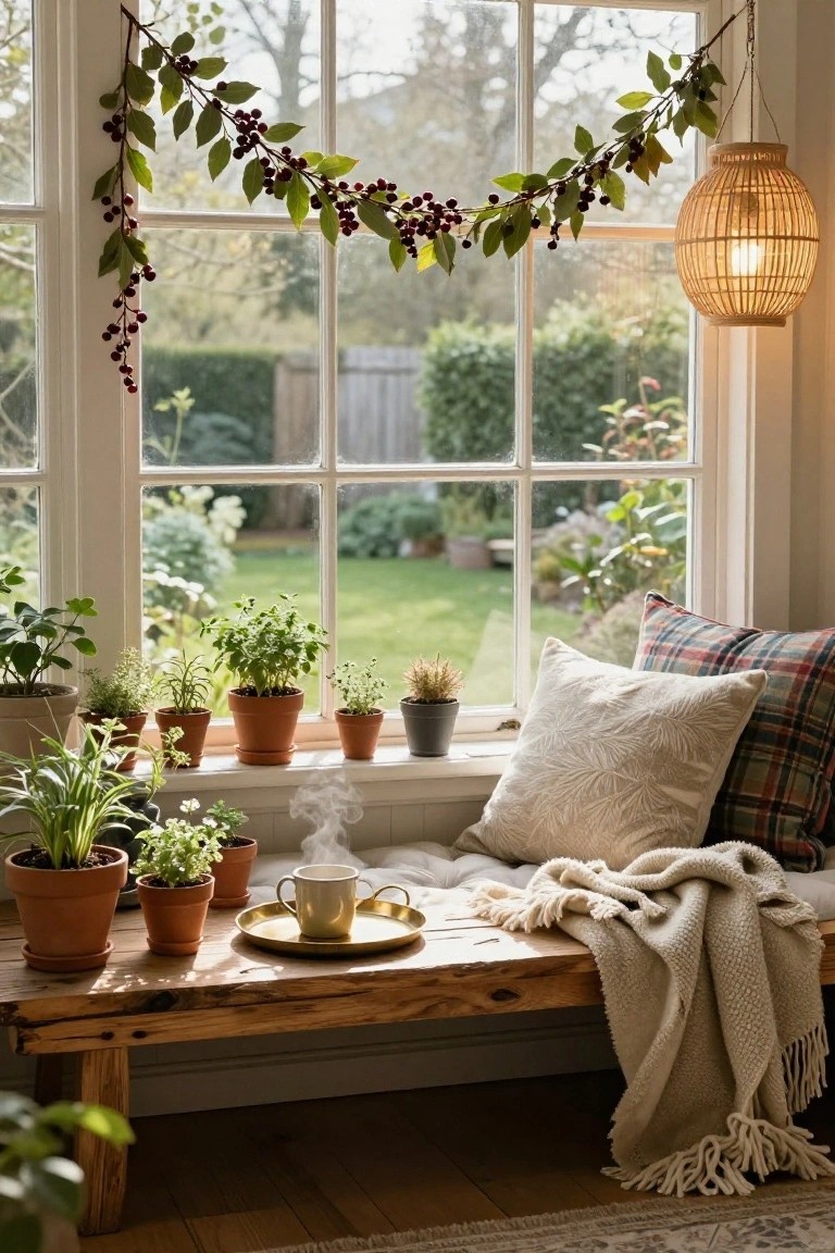 Cozy indoor window seat on a wooden bench with pillows, throws, potted plants, a steaming teacup on a tray, and berry garland draped over the window overlooking a garden.