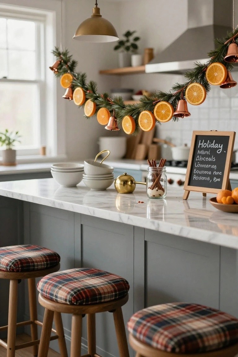 Kitchen island with marble countertop holding stacked white bowls, gold teapot, jar of cinnamon sticks, small bowl of oranges, and wooden easel chalkboard listing holiday recipes, with garland of dried orange slices, pine branches, and brass bells hanging above gray cabinets and plaid-upholstered wooden barstools.