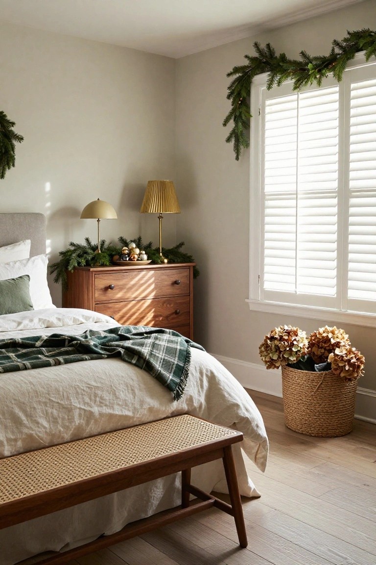 Cozy bedroom corner with upholstered bed dressed in white linens and green plaid throw, wooden dresser topped with evergreen branches and gold ornaments, garland draped over white shutters, potted hydrangeas in basket, and rattan bench on wood floor.