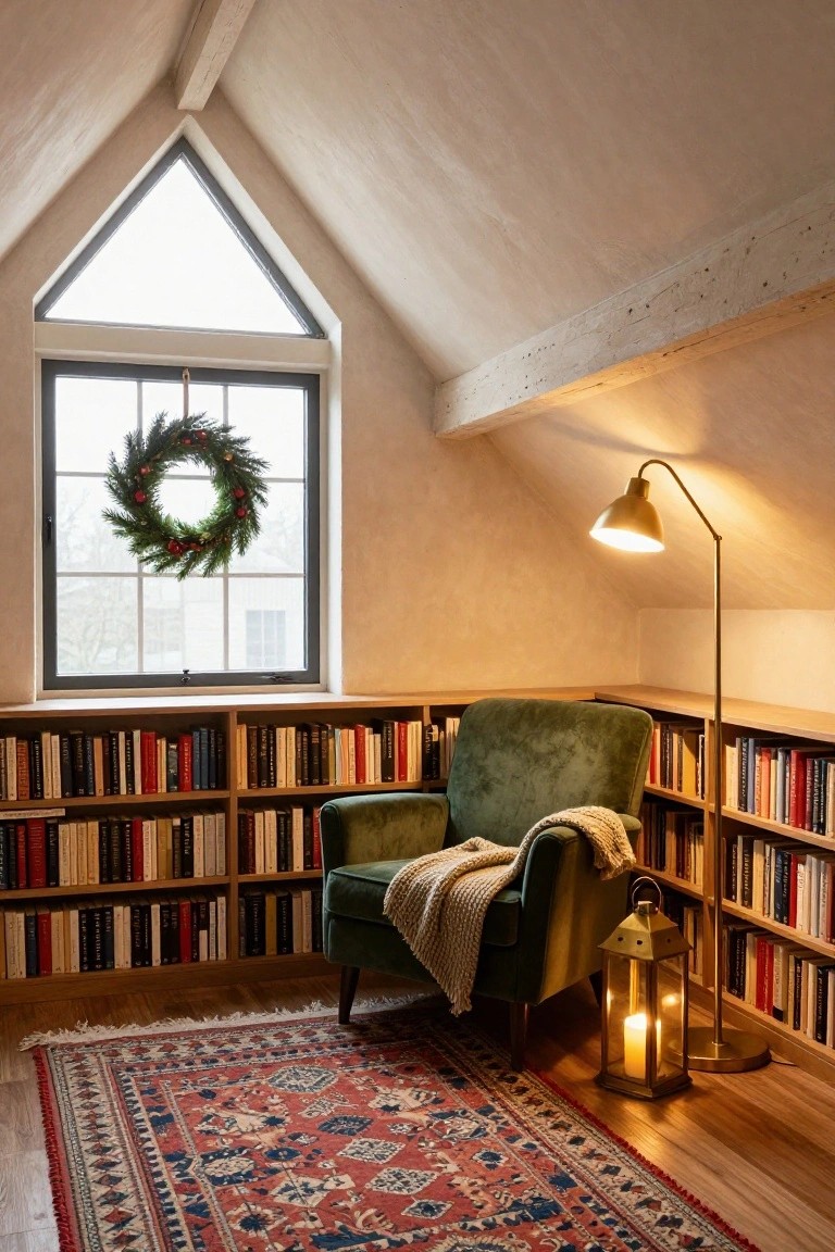 Attic reading room with bookshelves lining the walls, green velvet armchair draped with a throw blanket, brass arc lamp and lantern, oriental rug on wood floors, and evergreen Christmas wreath on triangular black-framed window.