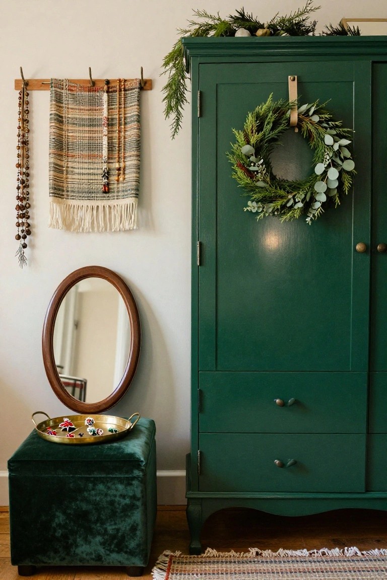 Dark green wooden armoire with two doors, decorated with a large circular wreath of cedar branches and eucalyptus leaves hung on a leather strap, evergreen garlands on top, beside an oval wood mirror and green velvet footstool holding a brass tray with red and green Christmas ornaments.
