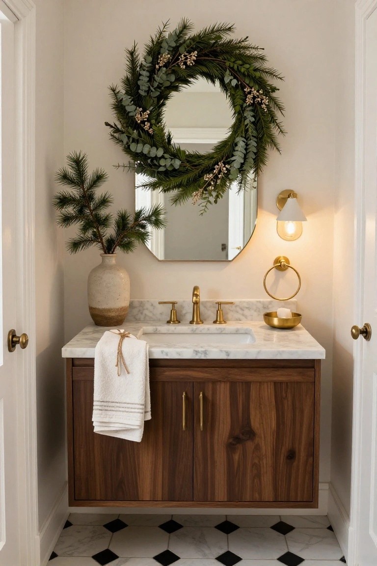 Small bathroom featuring a round mirror encircled by a wreath of pine, eucalyptus, and berries, with a marble-topped walnut vanity, gold fixtures, pine branches in a vase, and black-and-white checkered floor tiles.
