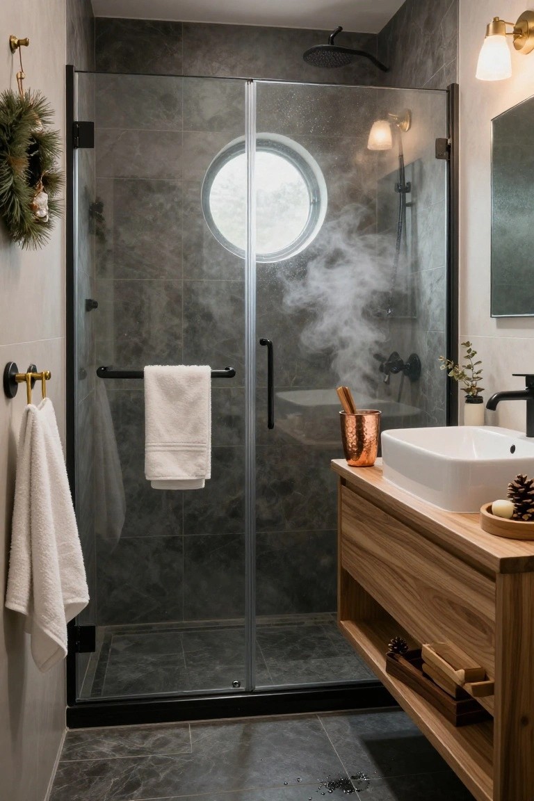 Modern bathroom featuring gray tile walls and floor, glass shower enclosure with an evergreen Christmas wreath hung on the door, wooden vanity with copper mug, pinecones, and white sink.