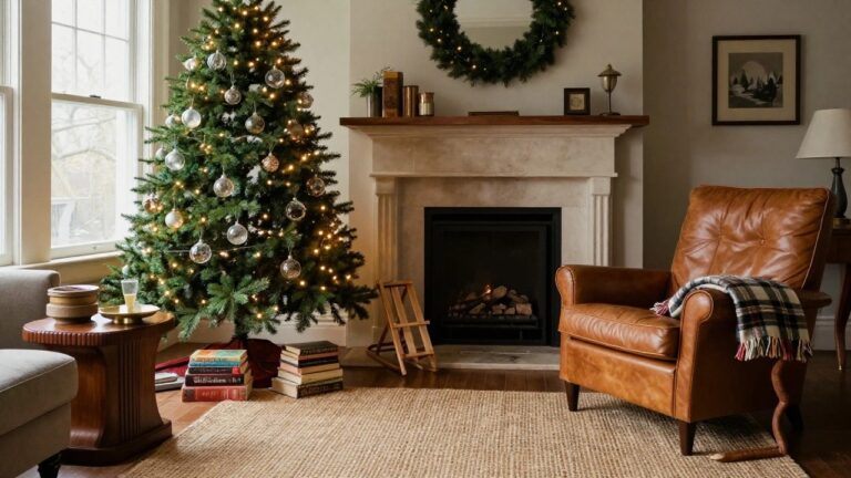 Living room with tall lit Christmas tree decorated in clear glass ornaments next to stone fireplace, two tan leather armchairs with plaid blankets, wooden coffee table, books, and neutral walls.