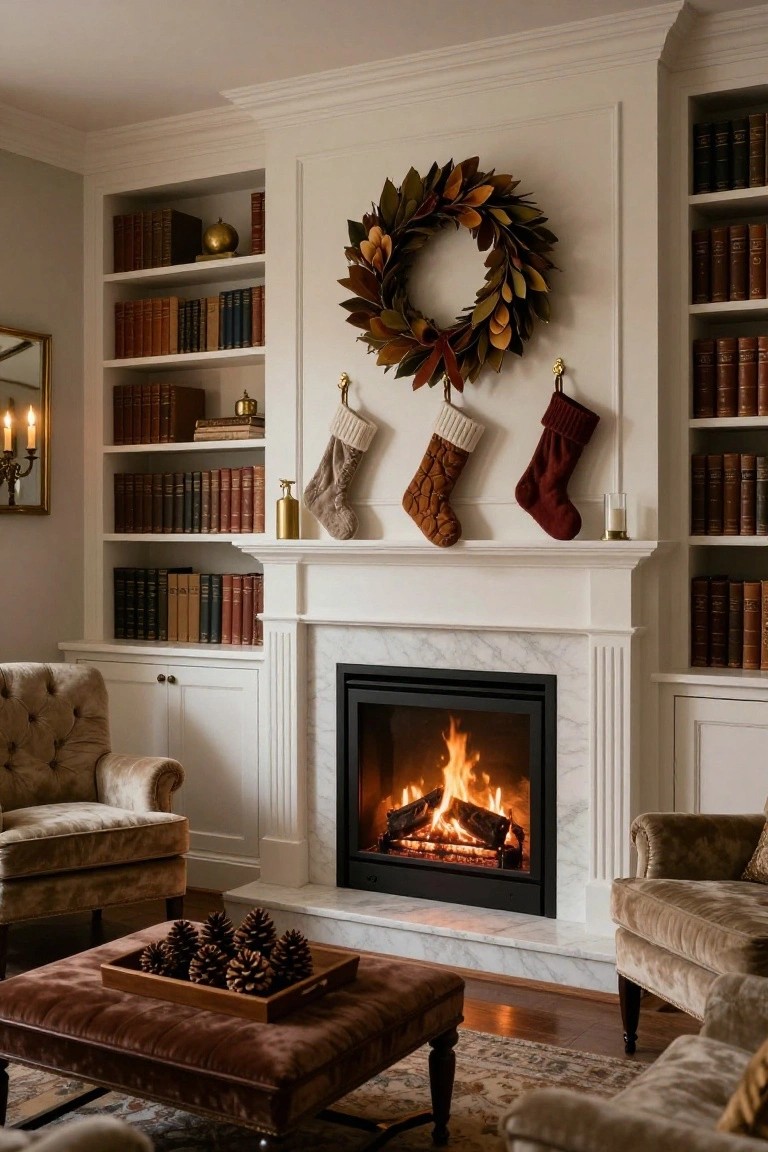 White built-in bookshelves filled with books flank a marble fireplace mantel holding gold items and three knit Christmas stockings in cream, rust, and red hanging from brass hooks, with a large autumn leaf wreath mounted above and a fire burning inside.