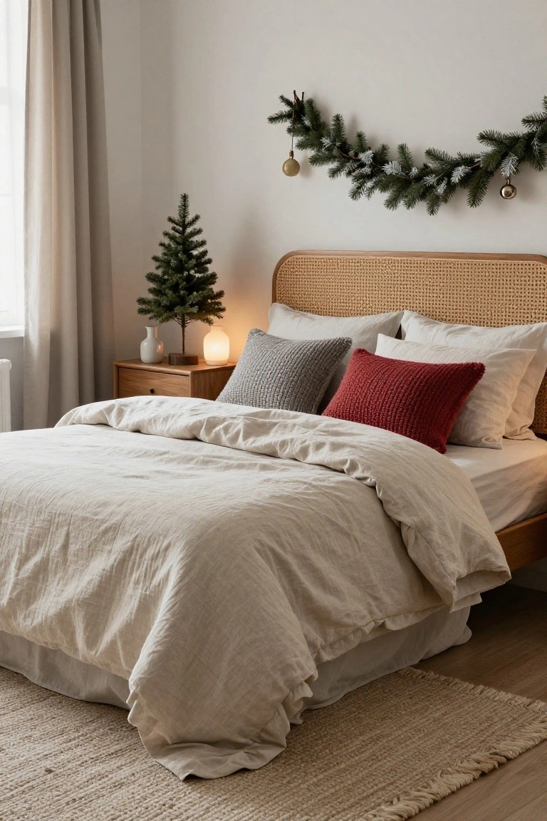 Cozy bedroom with rattan headboard, beige linen bedding and pillows, wooden nightstand holding small Christmas tree and glass lamp, plus evergreen garland with gold bells on white wall above bed.