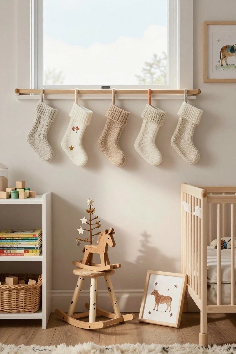 Nursery room featuring white and cream knit Christmas stockings hanging from a wooden rod above a window, with a crib, rocking horse, bookshelf, and toys nearby.