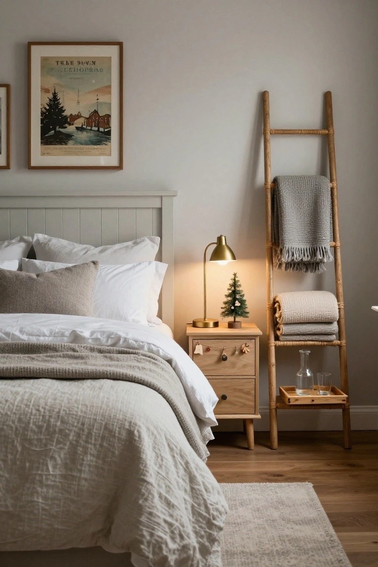 Neutral bedroom with gray bed linens and pillows, wooden nightstand holding a gold lamp and small decorated Christmas tree, wooden ladder shelf draped with gray and cream blankets next to it.