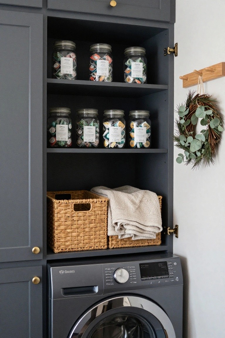 Open navy cabinets above a gray front-load washing machine hold glass jars filled with colorful laundry pods, wicker baskets with folded towels, and a eucalyptus and pine wreath hangs on the adjacent wall.