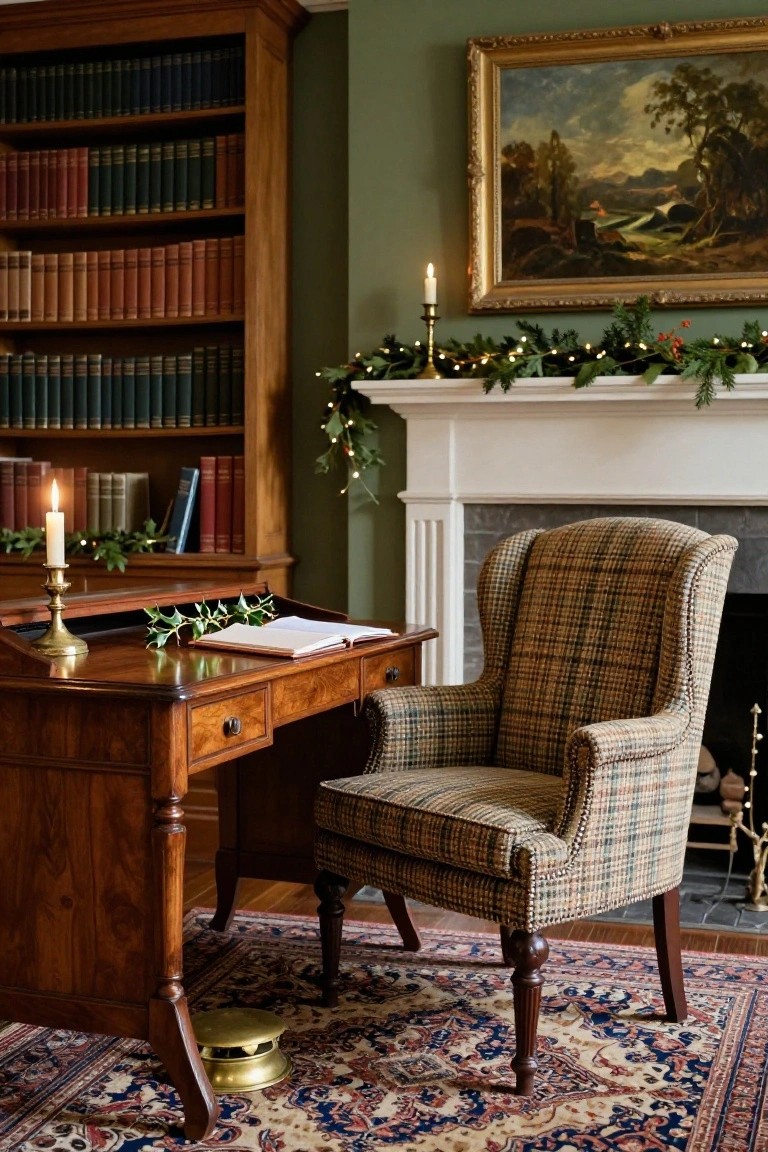 Traditional study room with wooden bookshelves filled with books, mahogany desk with open journal and holly, plaid wingback chair, and white fireplace mantel decorated with evergreen garland, fairy lights, berries, and brass candlesticks.