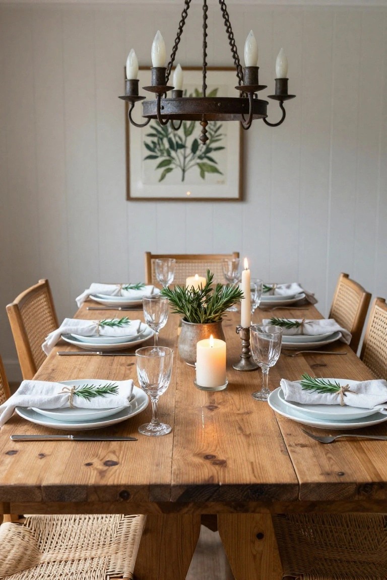 A wooden dining table set for a meal with white plates, napkins tied with rosemary sprigs, candles in glass holders, wine glasses, and rattan chairs in a white-walled room under an iron chandelier.