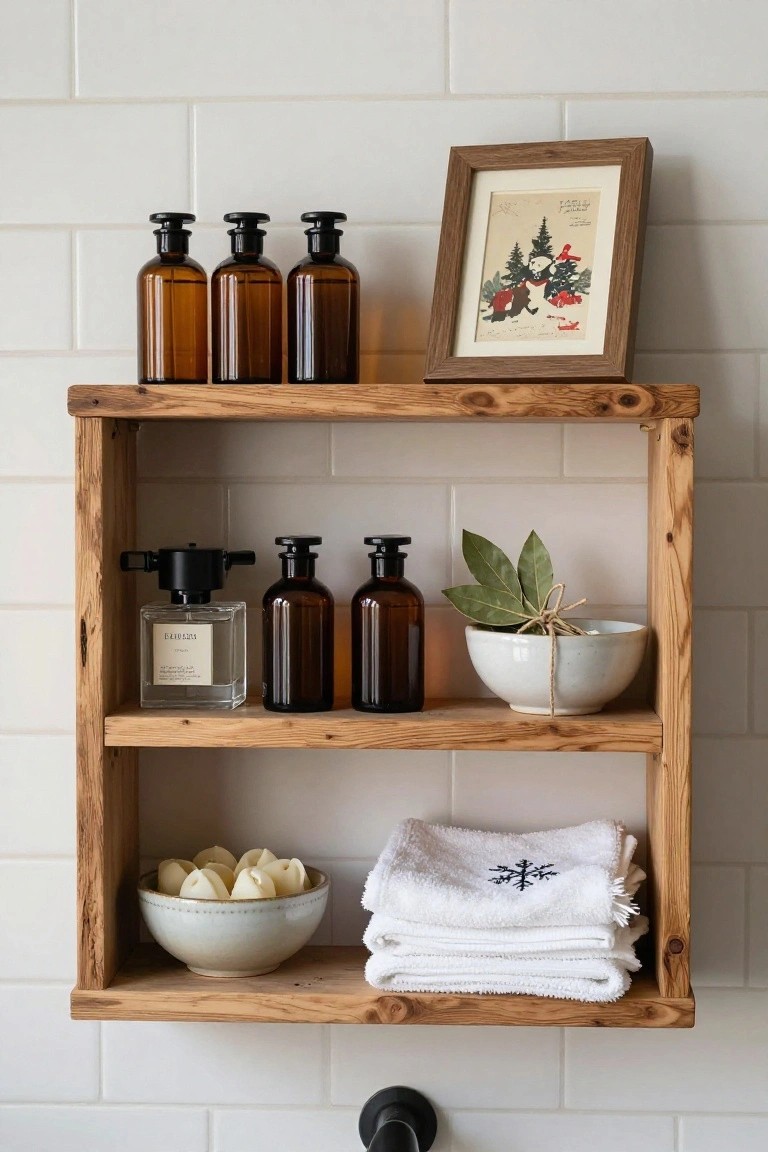 Rustic wooden open shelf unit on white subway tile bathroom wall holding amber glass bottles, clear perfume bottle, bay leaves in white bowl, white soaps in ceramic bowl, stacked white towels with snowflake embroidery, and framed vintage print of trees and bear in snowy scene.