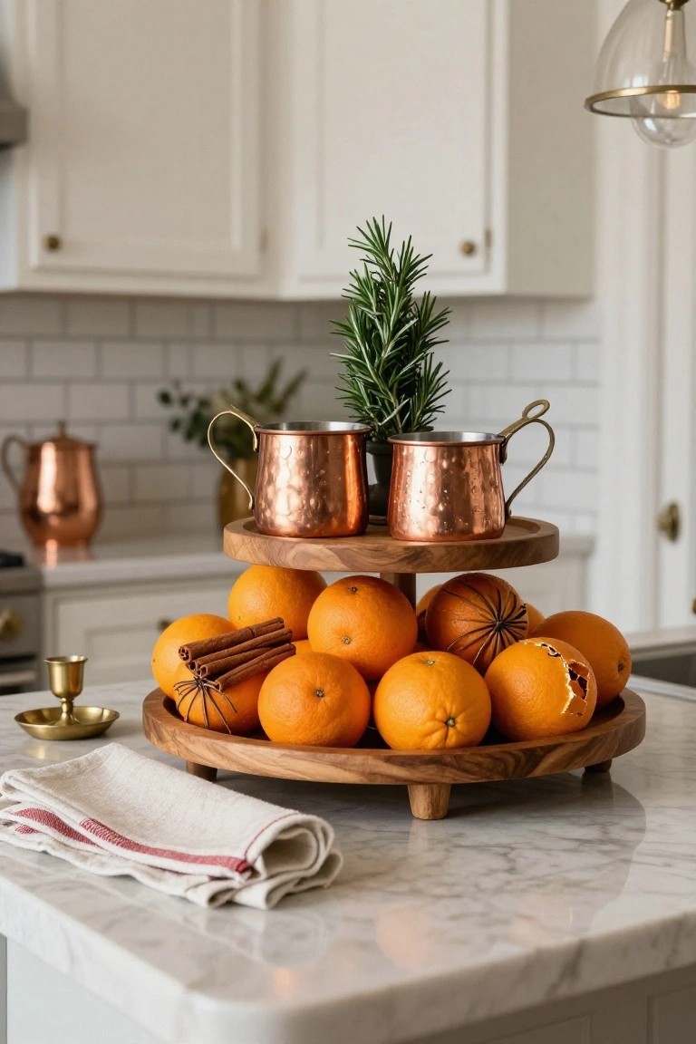 Wooden two-tiered stand on a marble kitchen countertop holding oranges with cinnamon sticks and star anise, copper mugs on the lower tier, rosemary sprig inserted among the fruit, brass candle holder and towel nearby, white cabinets and subway tile backsplash visible.