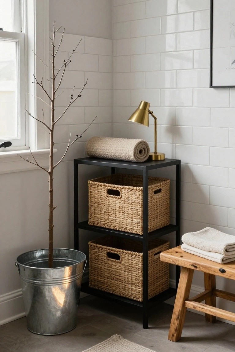 Corner of a bathroom featuring white subway tile walls, a black metal shelving unit with wicker baskets and rolled towels, a gold desk lamp, a wooden bench with folded towels, and a tall bare tree in a galvanized metal bucket next to a window.