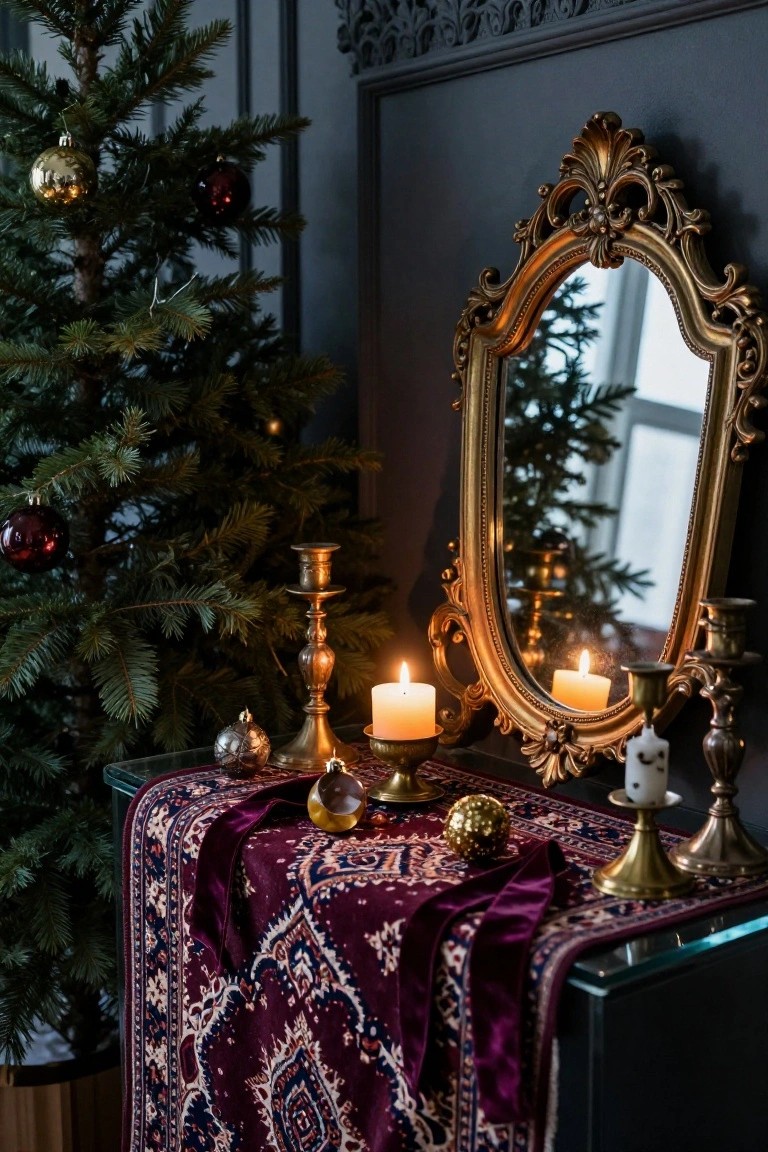 A decorated Christmas tree in a dark-paneled room next to a tall ornate gold mirror reflecting the tree, with a glass console table holding brass candlesticks, lit candles, gold baubles, and a purple velvet runner.