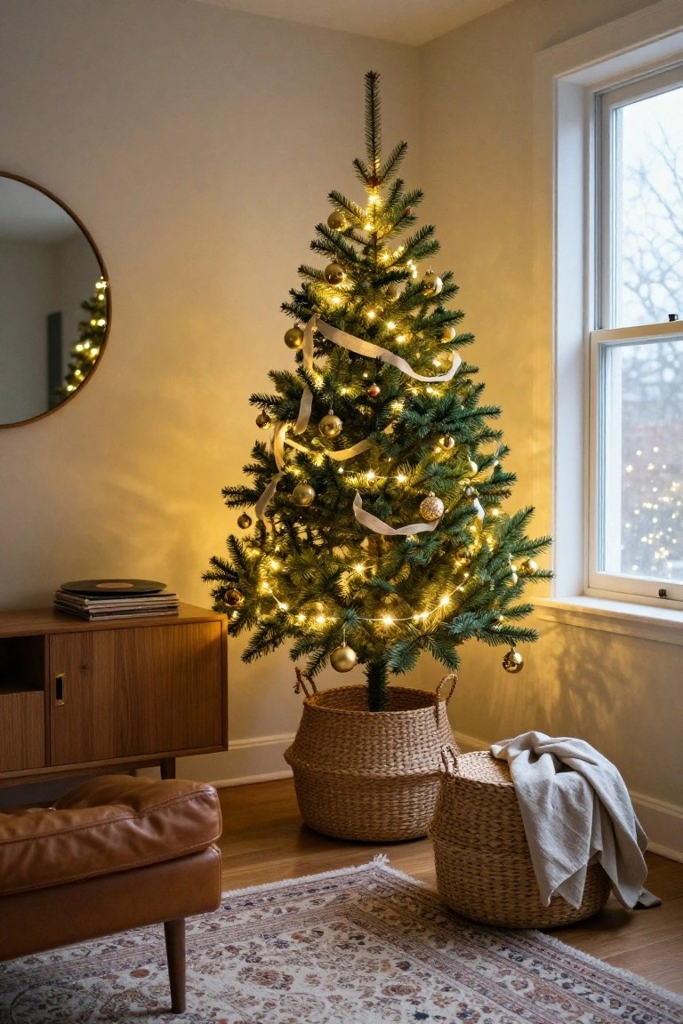 A slim lit Christmas tree decorated with gold ball ornaments and white ribbons stands in a living room corner inside a woven basket, beside a wooden credenza with records, a leather ottoman, and a round mirror near a window.
