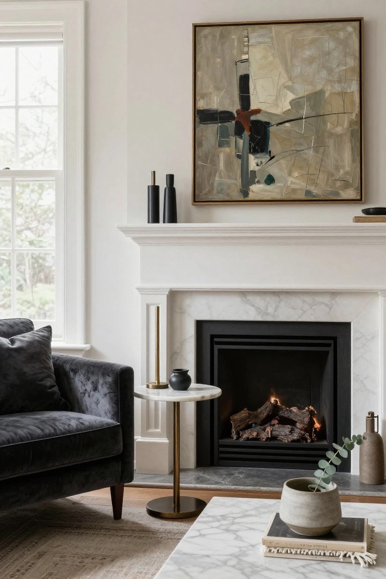 Living room interior with a dark velvet sofa facing a white marble fireplace with gas fire burning, abstract beige and black painting in gold frame above mantel flanked by black candles, gold lamp on marble side table next to sofa, marble coffee table with stacked books and potted eucalyptus.