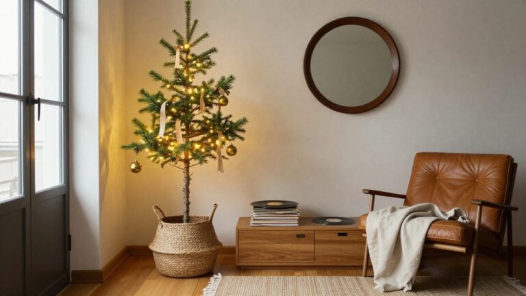 A slim lit Christmas tree decorated with gold ball ornaments and white ribbons stands in a living room corner inside a woven basket, beside a wooden credenza with records, a leather ottoman, and a round mirror near a window.