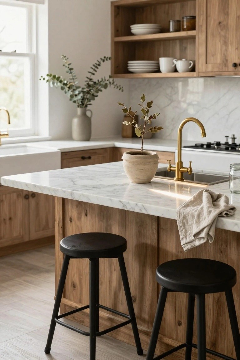 Contemporary kitchen interior with light wood cabinets, white marble island countertop on wood base, two black round stools, gold faucet at sink, potted plants, and linen towel on island.