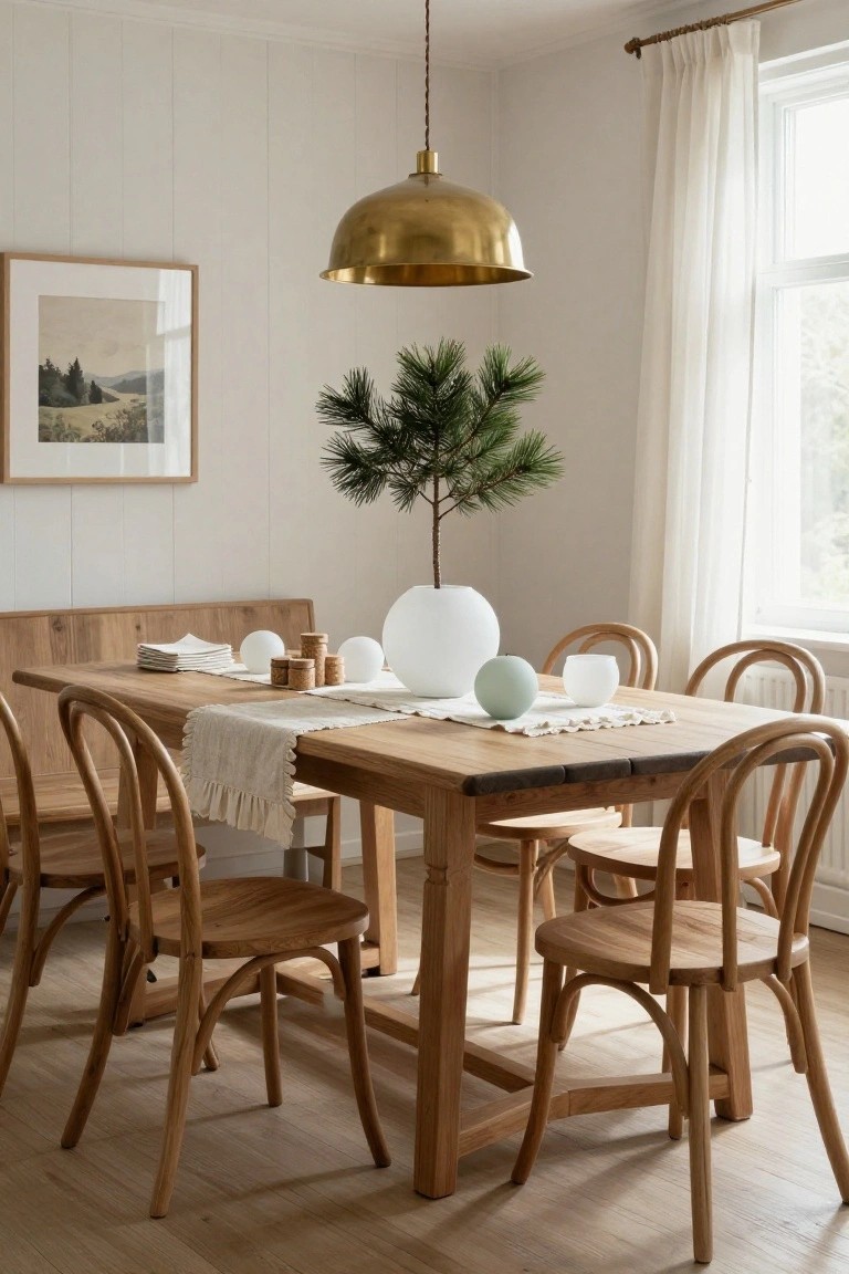 Dining room with light wood table, six bentwood chairs, bench seating, small potted pine tree in white vase as centerpiece, white and pale green glass orbs, linen runner, brass pendant light, sheer curtains, and framed landscape art on white shiplap wall.