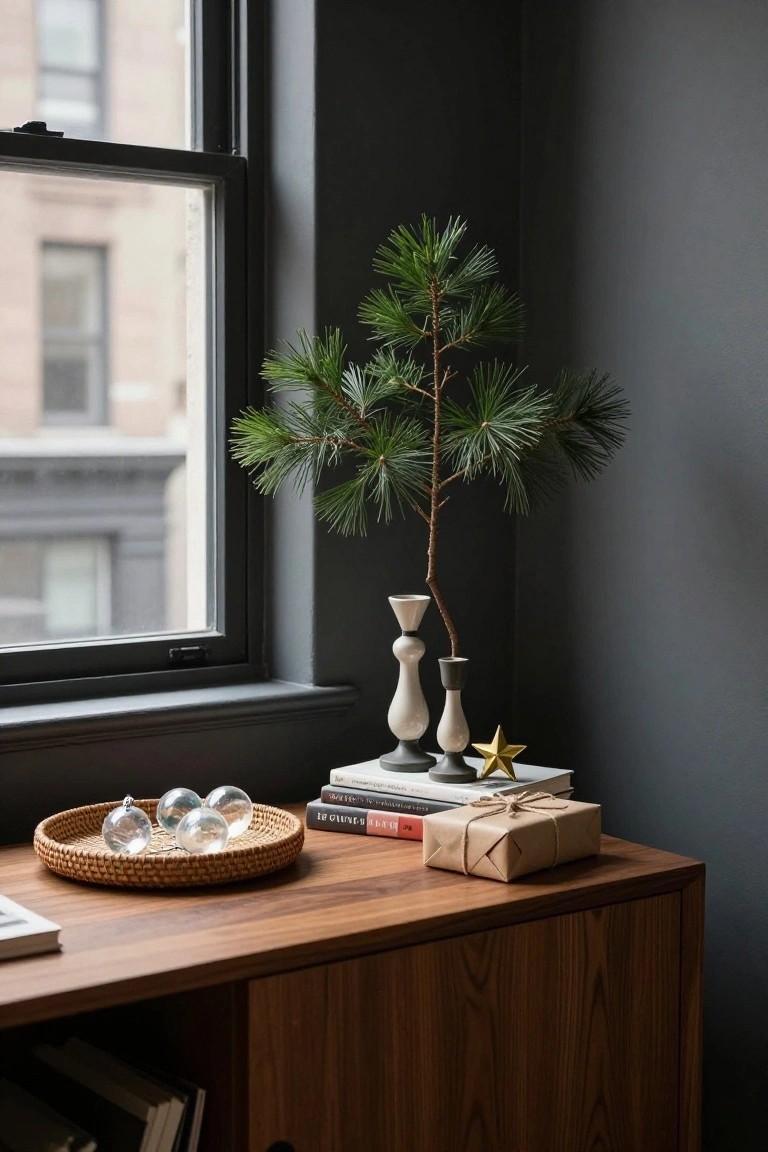 Wooden console table in dark corner room by window holds small potted pine branch, clear glass ornaments in woven basket, ceramic candles, books, gold star, and wrapped gift box.
